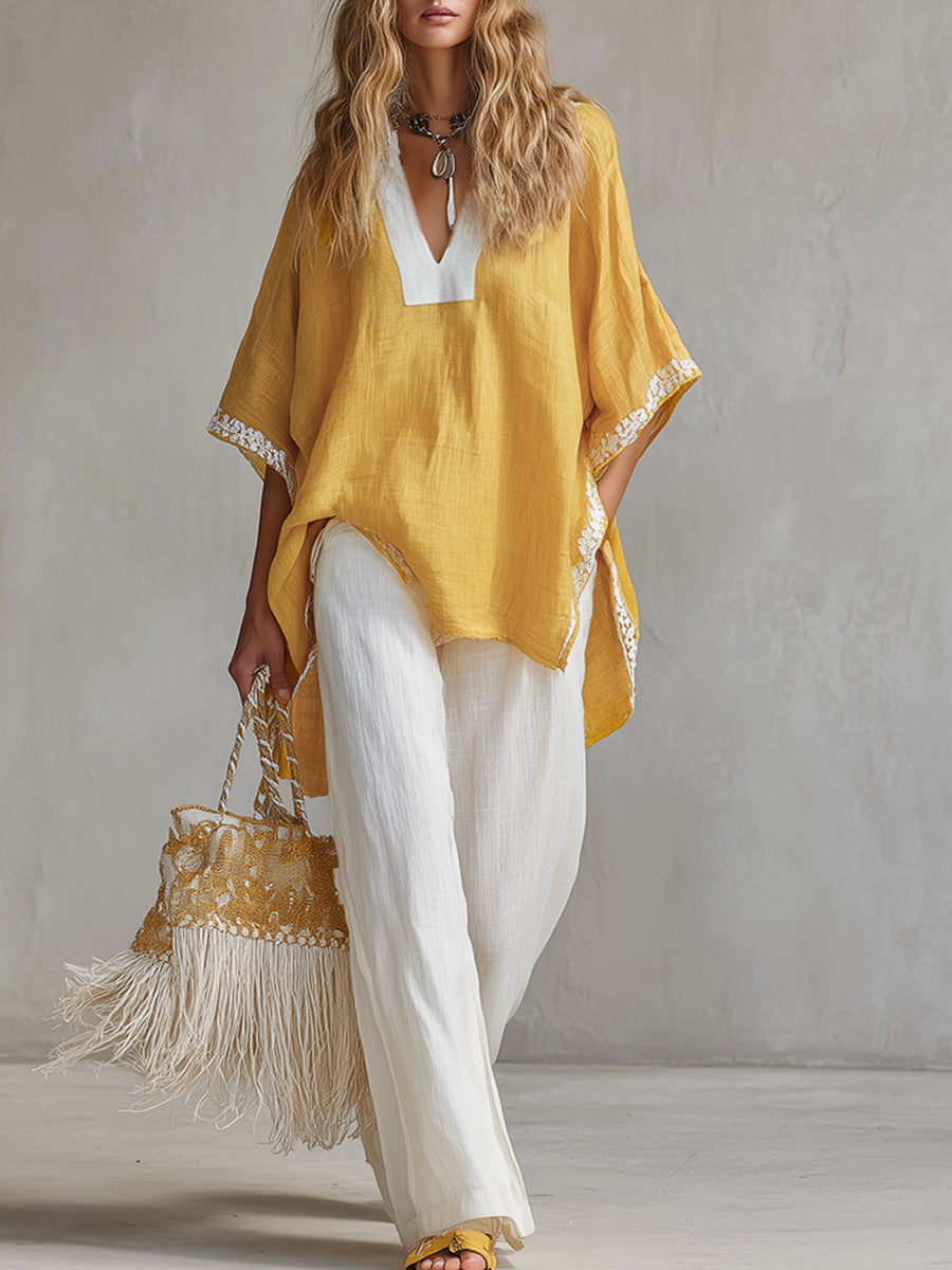 Minimalist Urban Style Color-blocked Cotton And Linen T-shirt And Wide-leg Pants Set