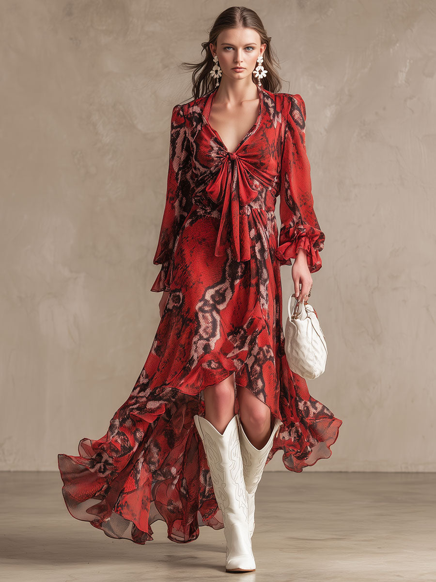 Fashionable Retro Resort Snakeskin Red Chiffon Long-sleeved Maxi Dress