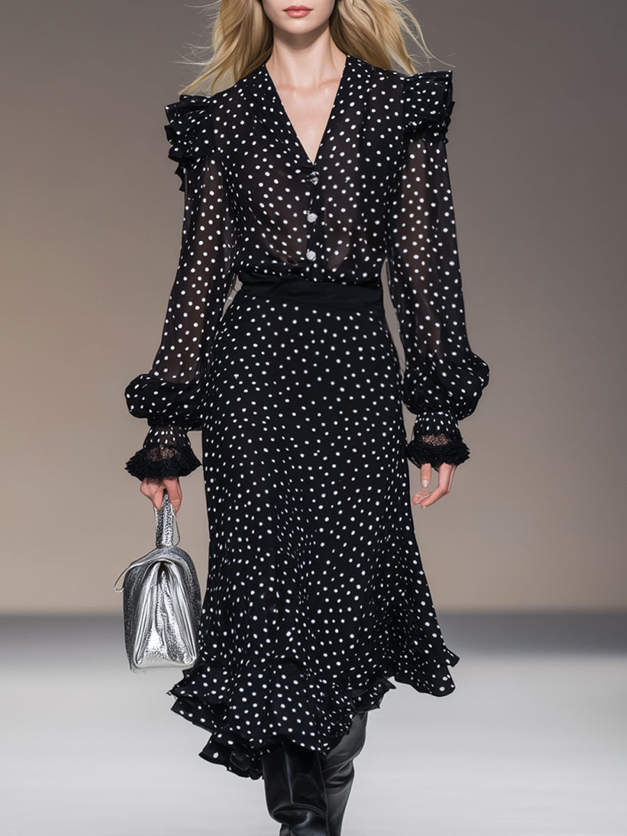 Retro Vacation Polka Dot Black Chiffon Long-sleeved Shirt And Skirt Set