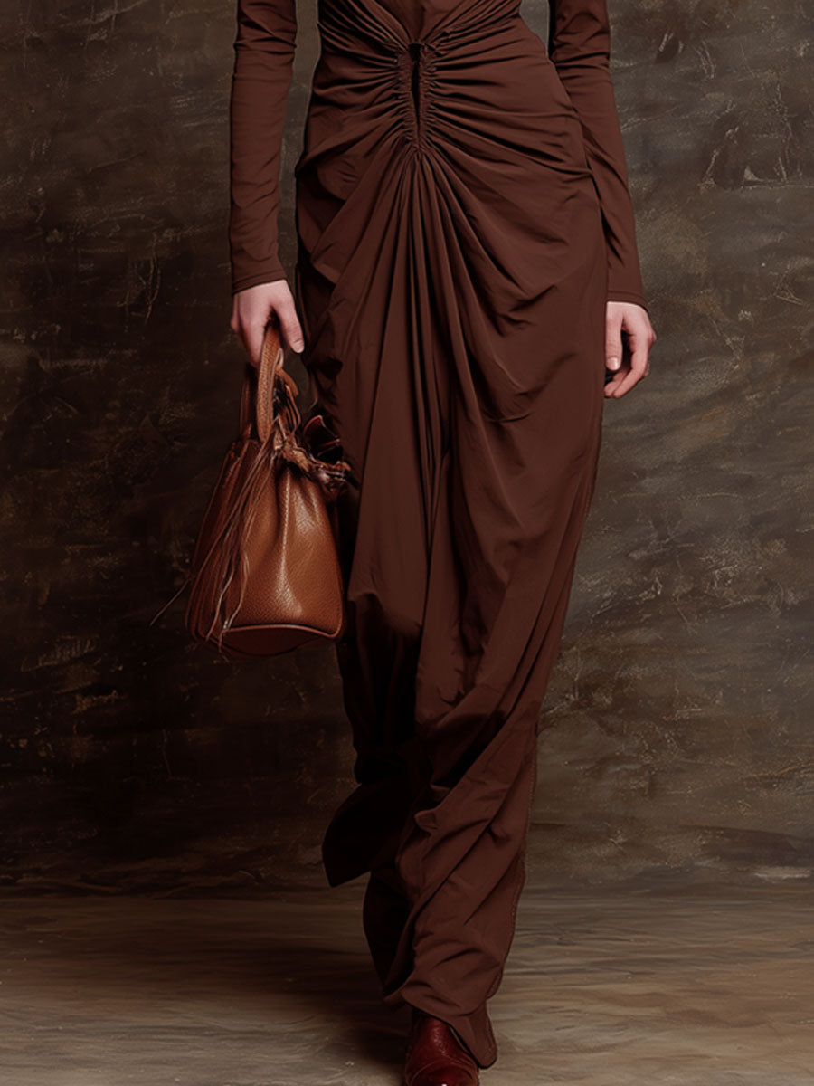 Fashionable Retro Chocolate Cotton Long-sleeved High-neck Pleated Maxi Dress
