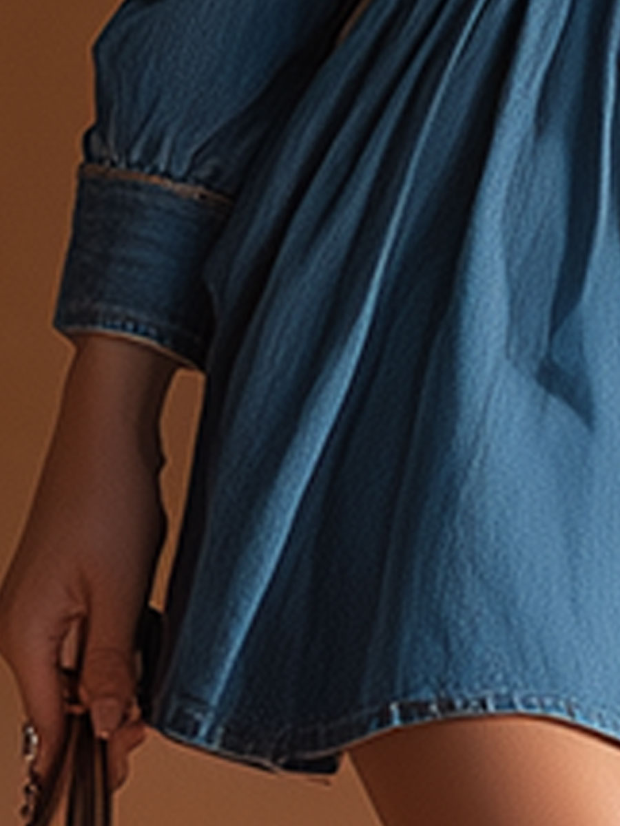 Fashionable Retro Long-sleeved Collared Blue Denim Mini Dress