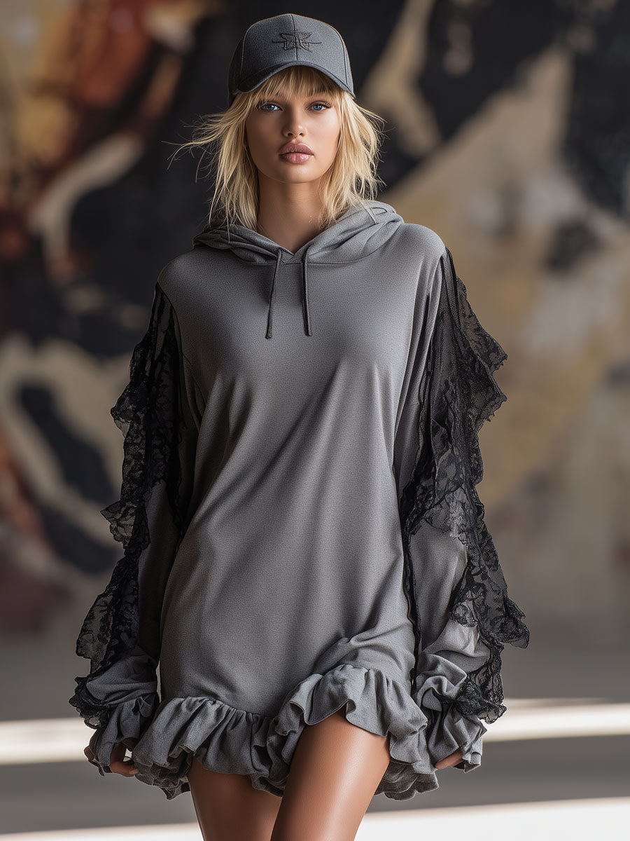 Loose-fitting Hooded Lace-trimmed Long-sleeved Sporty Mini Dress