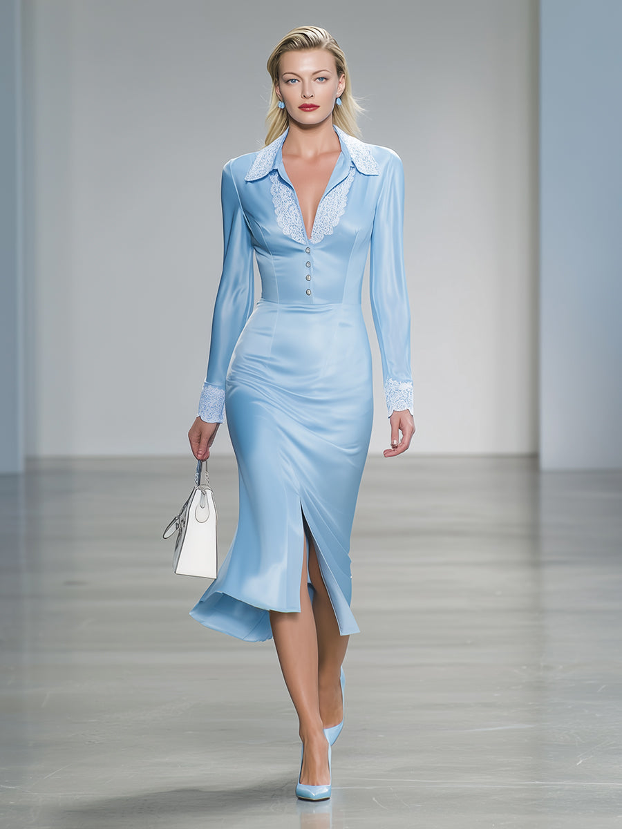 Elegant Blue Satin-trimmed White Lace Button-down Midi Dress