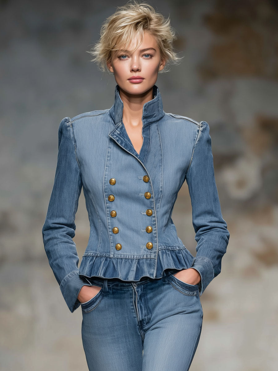 Retro-style Stand-up Collar Double-breasted Ruffled Denim Jacket