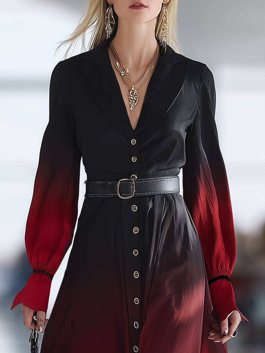 Stylish And Casual Button-down Collar Black And Red Gradient Maxi Dress