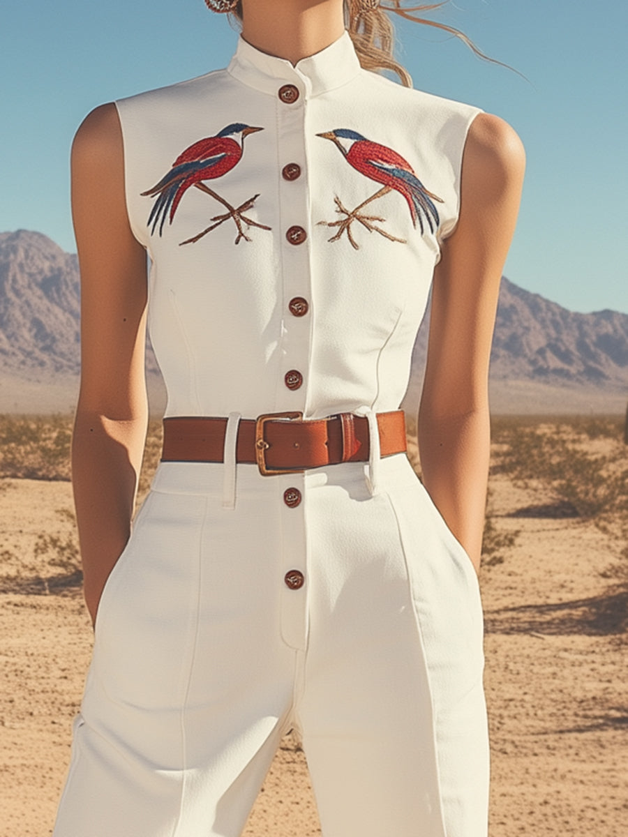 【24-hour shipping out】Retro Western Style Embroidered Stand Collar Sleeveless Wide Leg Jumpsuit