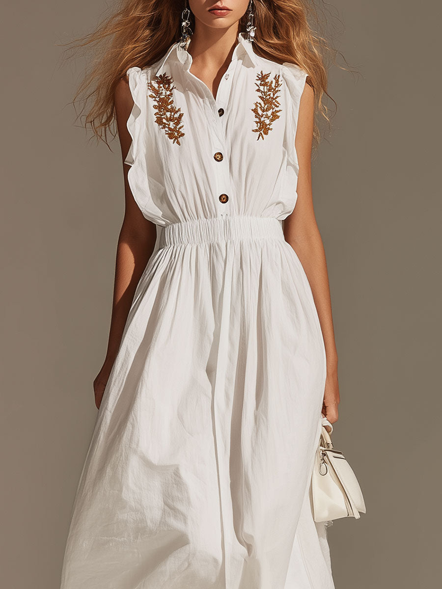 Elegant Vintage-style Embroidered White Sleeveless Cotton-blend Maxi Dress