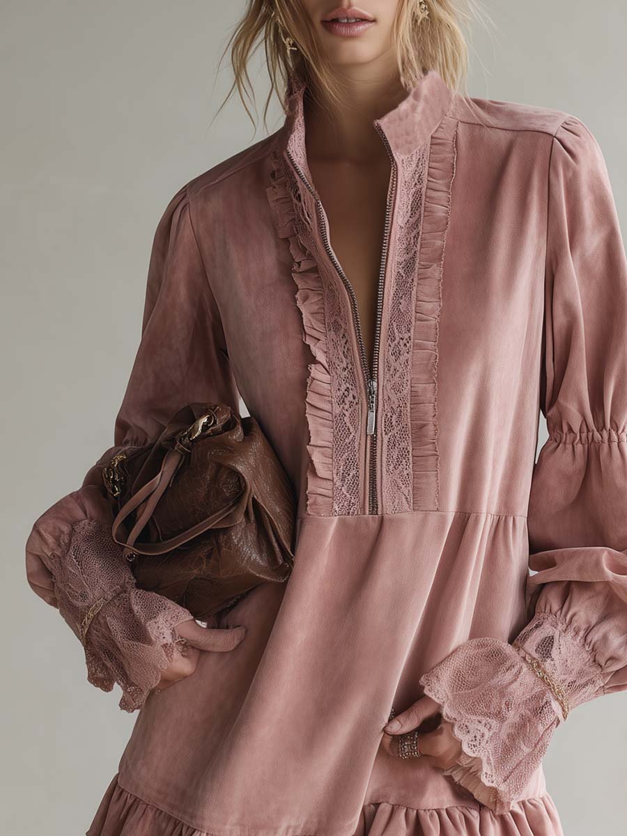 Elegant Vintage Western Lapel Front-zip Lace Trim And Ruffled Hem Pink Suede Mini Dress