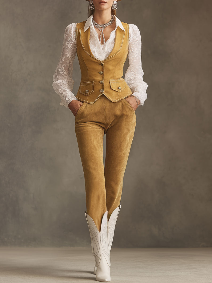 Western Retro Yellow Faux Suede Vest And Trousers Set