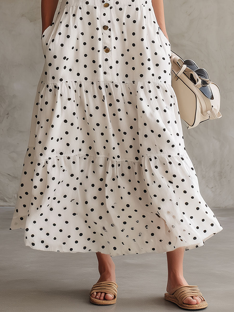 Casual Retro Black Polka Dot White Linen Sleeveless Shirt Dress