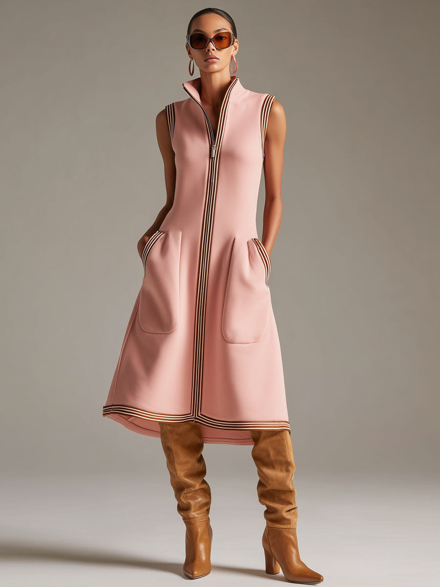 Sporty Retro Striped Ribbed Pink Cotton Blend Sleeveless Midi Dress