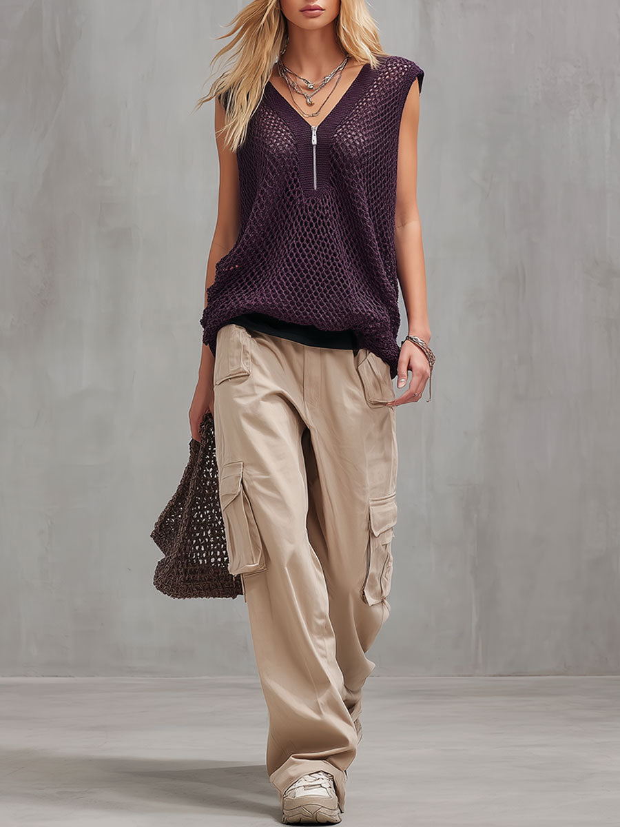 Stylish And Casual Purple Mesh Knit Sleeveless T-shirt And Khaki Trousers Set