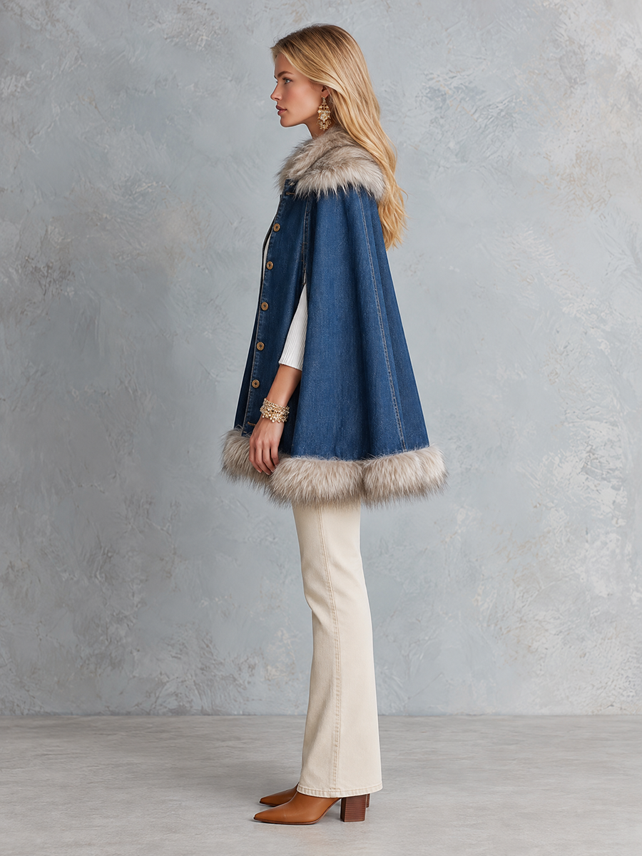 Glam Western Faux Fur Trim Denim Button Womens Cape