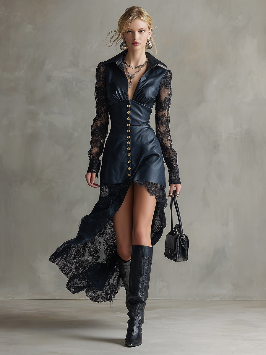 Retro Sexy Blue-black Faux Leather Lace Long-sleeved Maxi Dress