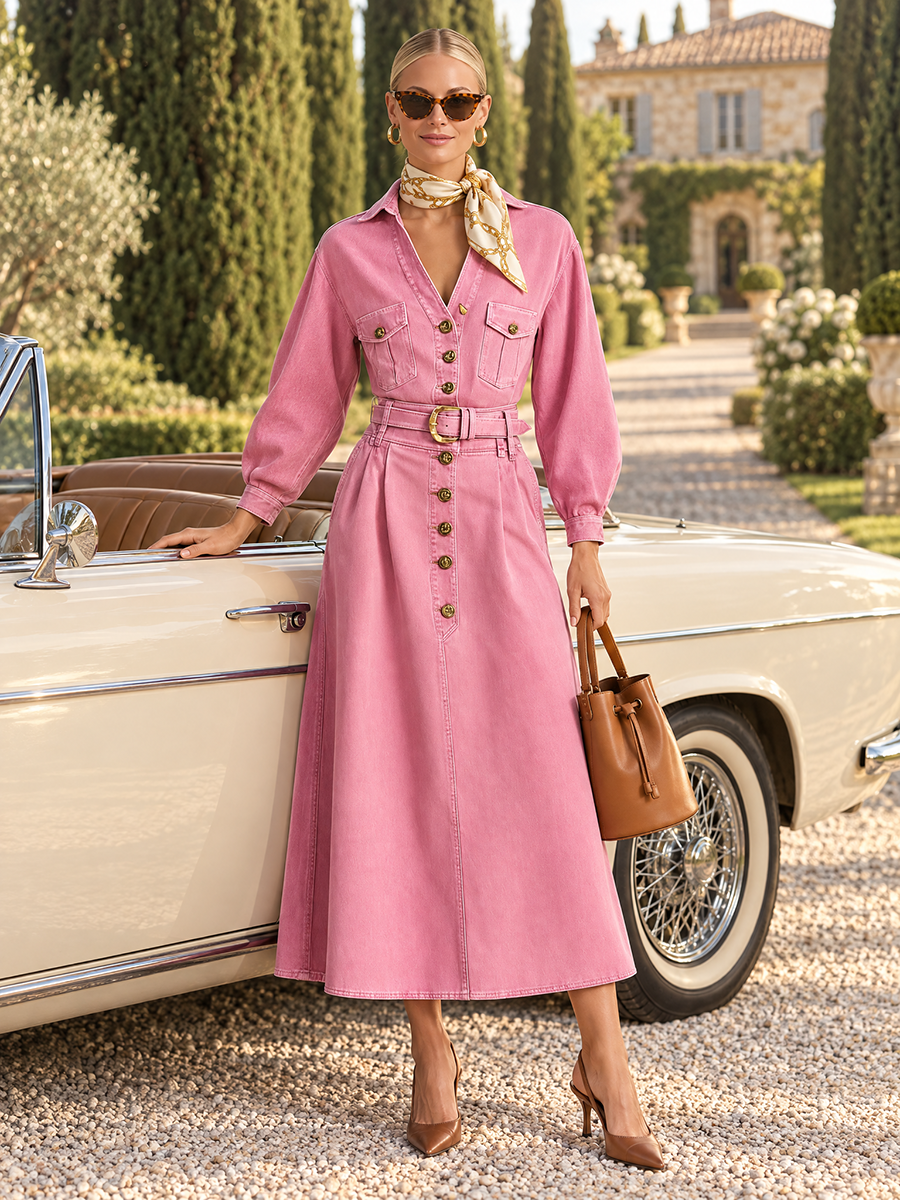 Retro Western Pink Belted Button Front Denim Midi Dress