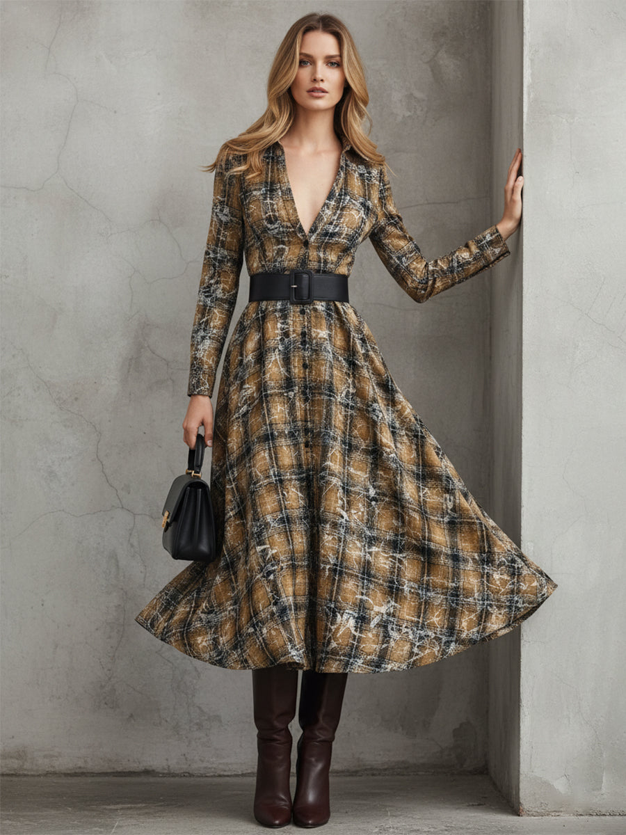 Retro Yellow And Black Printed Plaid Lapel Maxi Dress