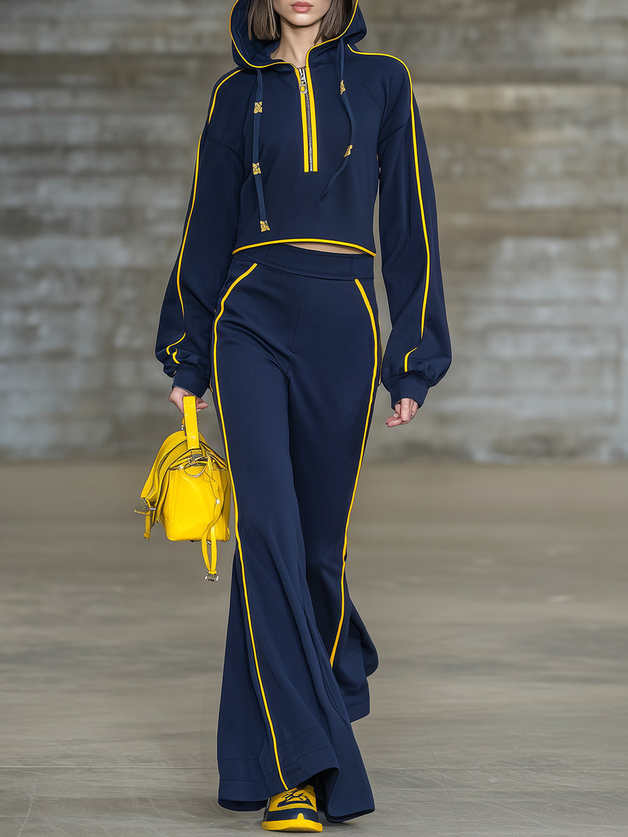 Casual Blue Hooded Top With Yellow Webbing Trim And Flared Trousers Set
