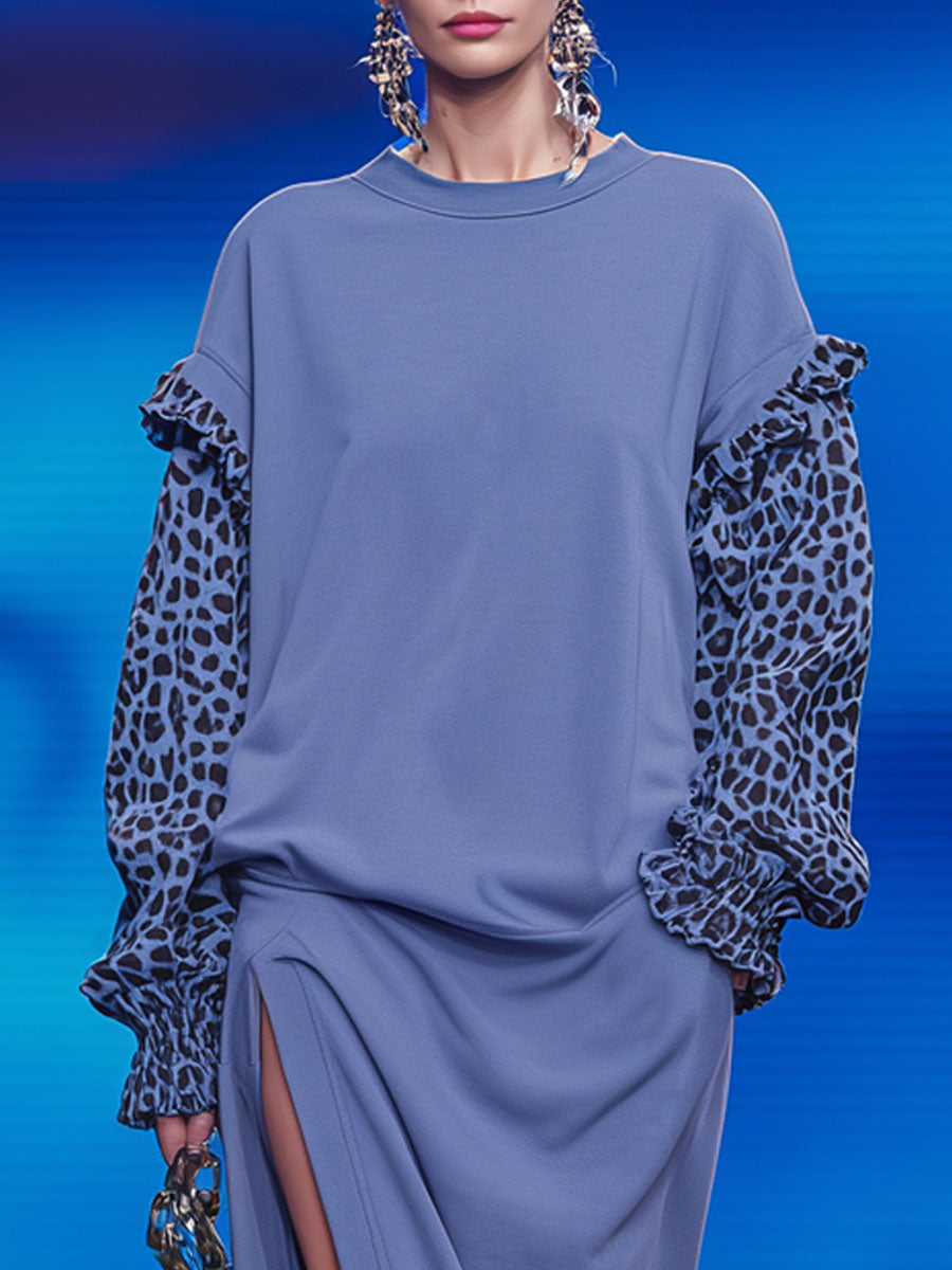 Fashionable Retro Leopard Print Long-sleeved Blue Sweatshirt With Slit Midi Dress