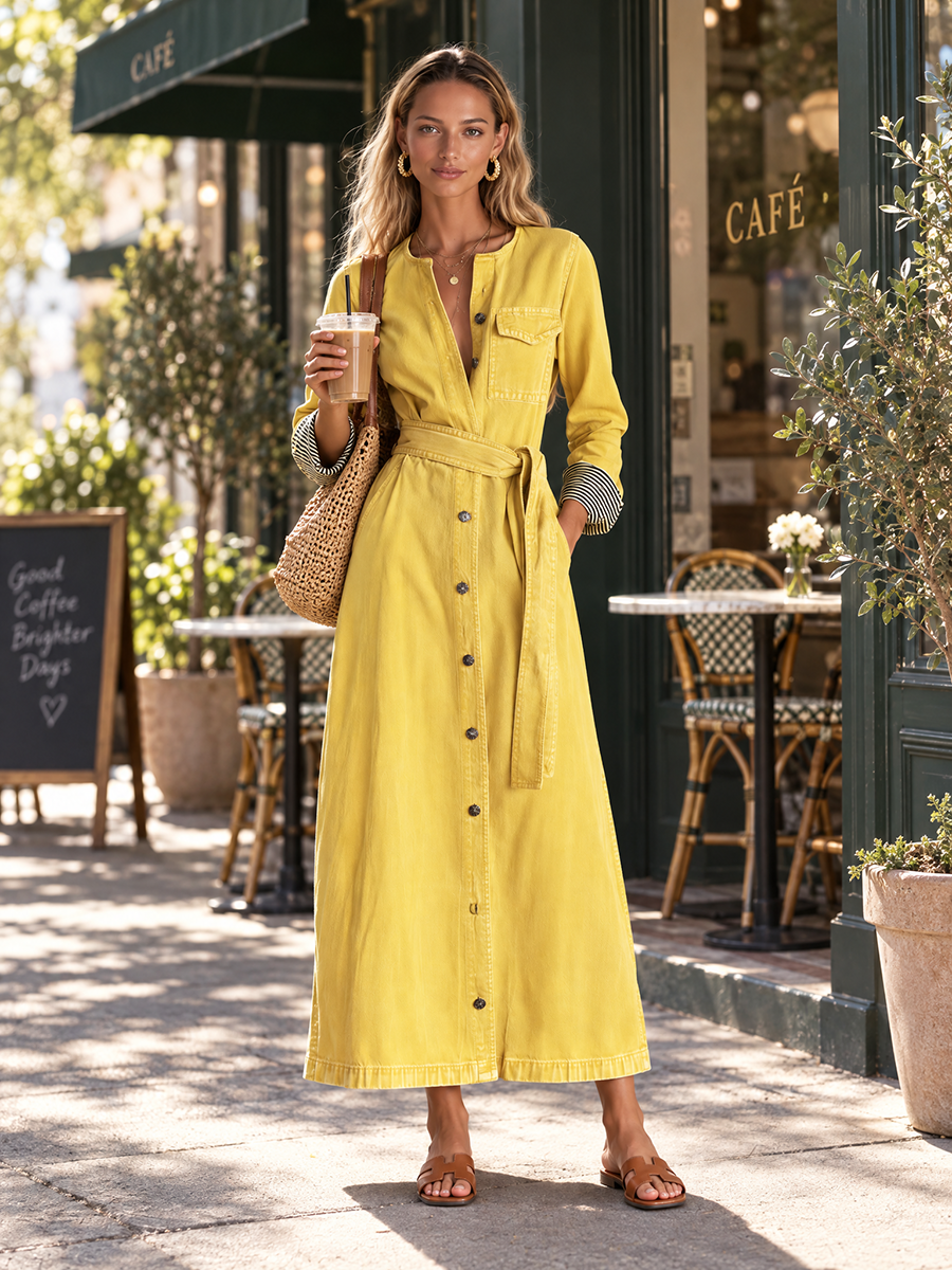 Modern Western Yellow Belted Button Front Denim Maxi Dress