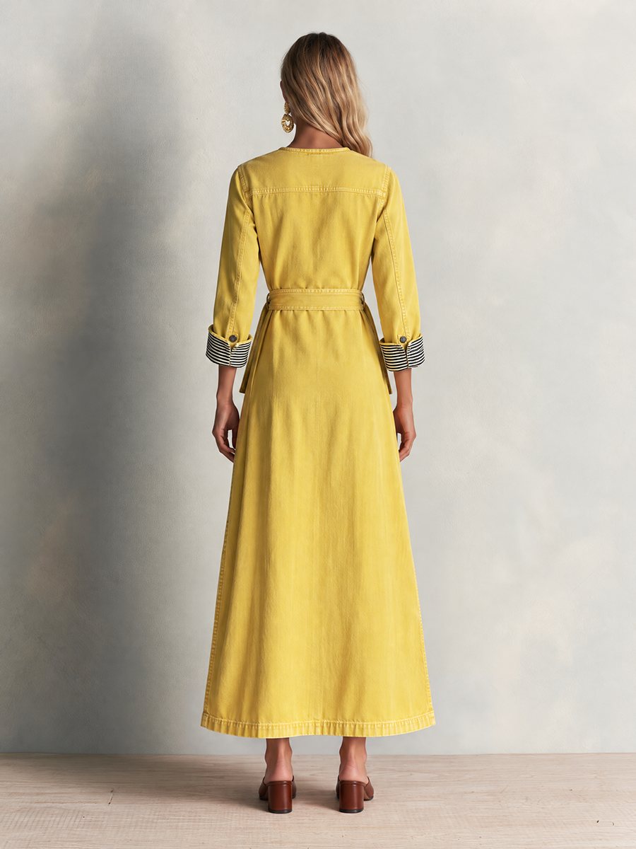 Modern Western Yellow Belted Button Front Denim Maxi Dress