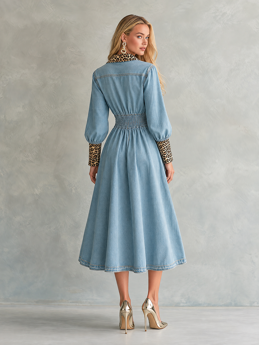 Glam Western Leopard Trim Denim Button Front Midi Dress