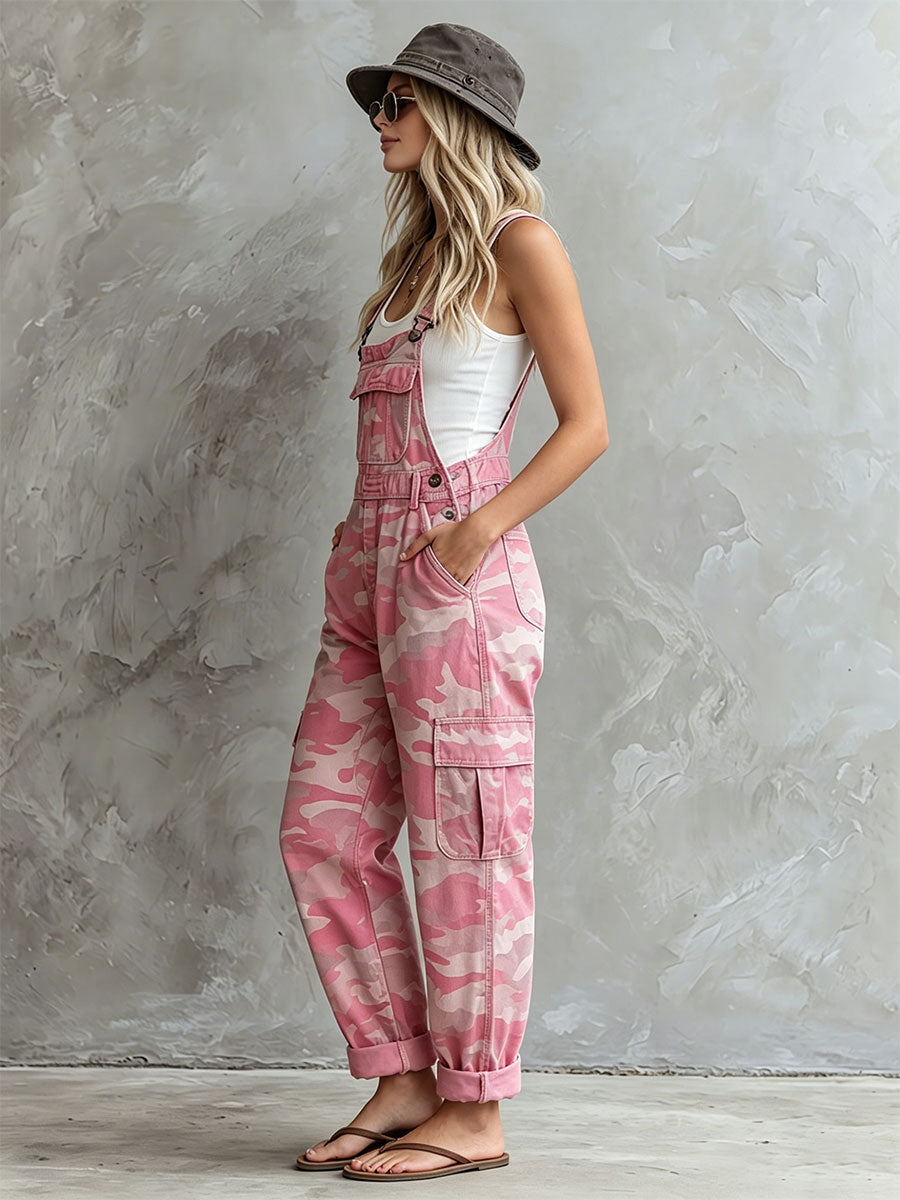 Casual Retro Pink Overalls With Multiple Pockets Camouflage Denim Jumpsuit