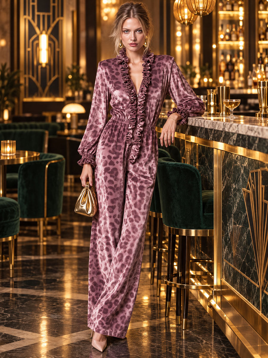Retro Elegant Mauve Leopard-Print Velvet Ruffle-Trim V-Neck Wide-Leg Jumpsuit
