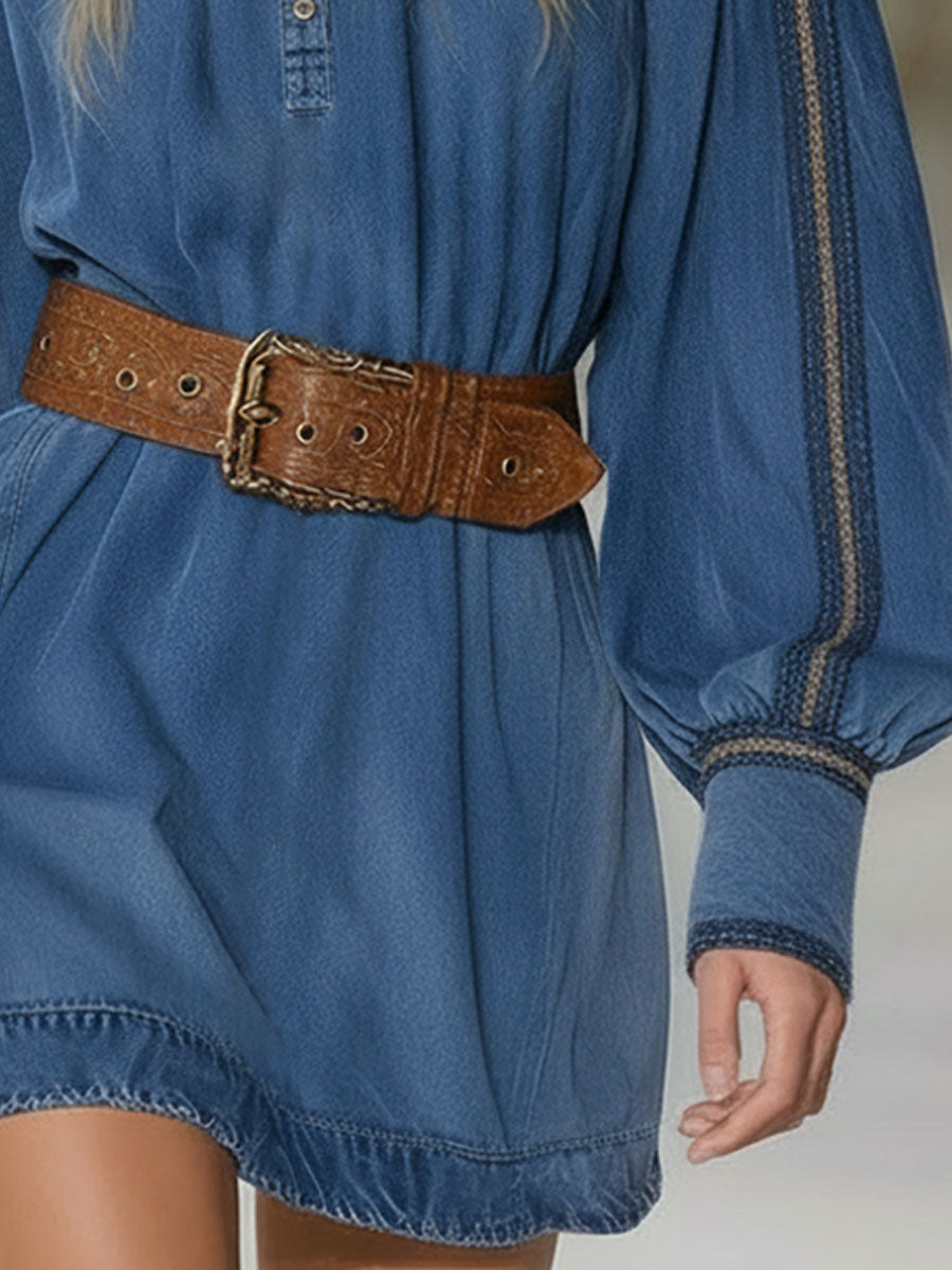 Henry Collar Button-down Contrasting Woven Trim Long-sleeved Denim Mini Dress