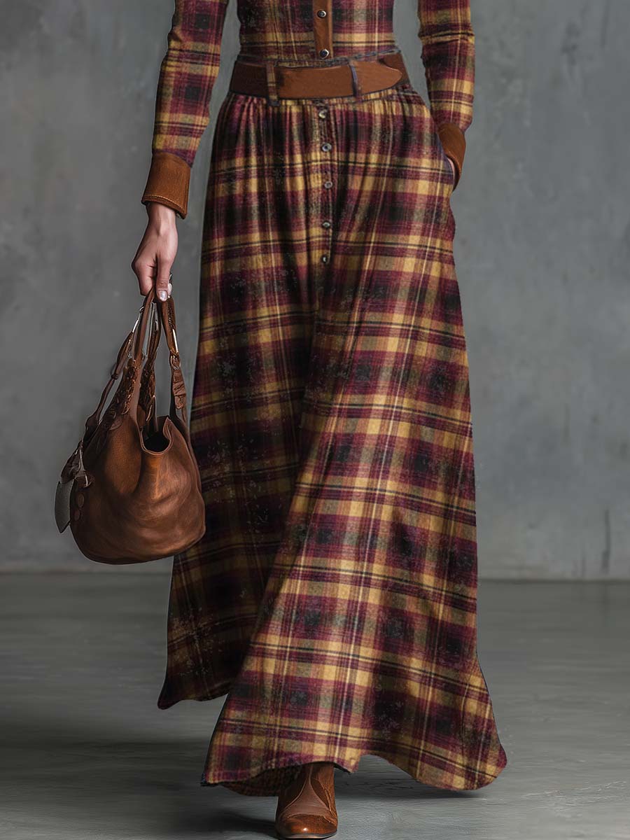 Vintage Western Elegant Lapel Front Button Brown Suede Trim Red Distressed Plaid Maxi Dress