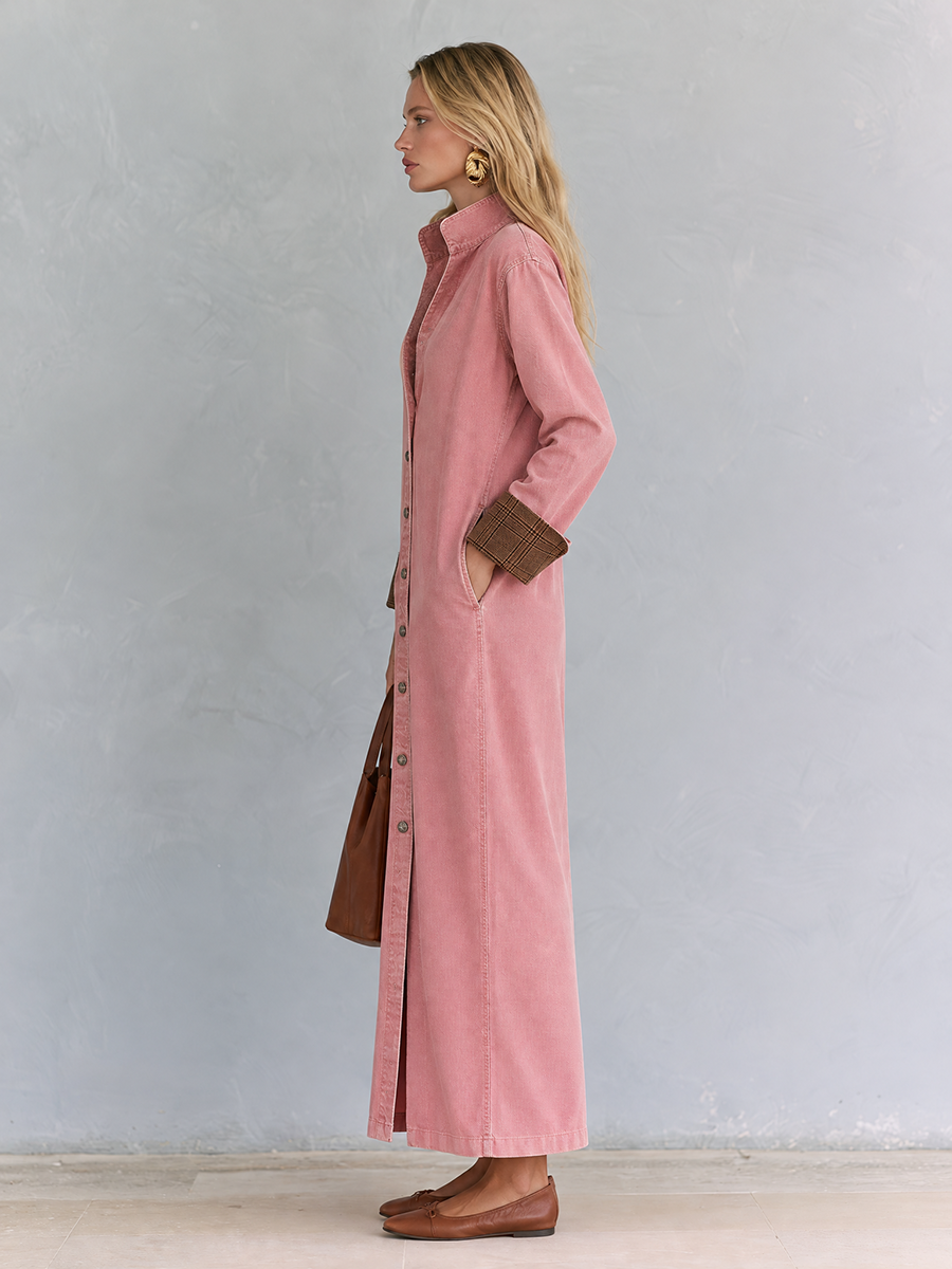Casual Vintage Pink Button Front Long Shirt Dress