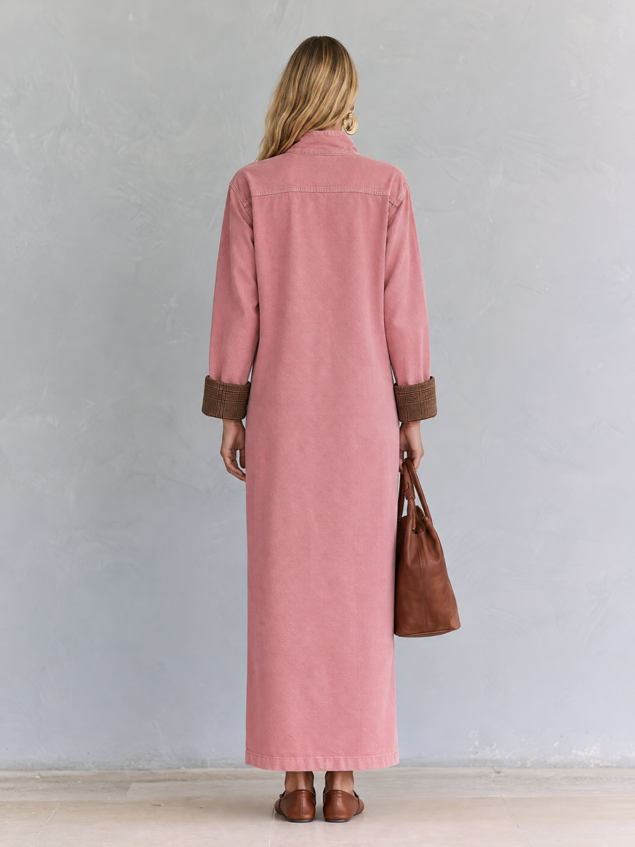 Casual Vintage Pink Button Front Long Shirt Dress