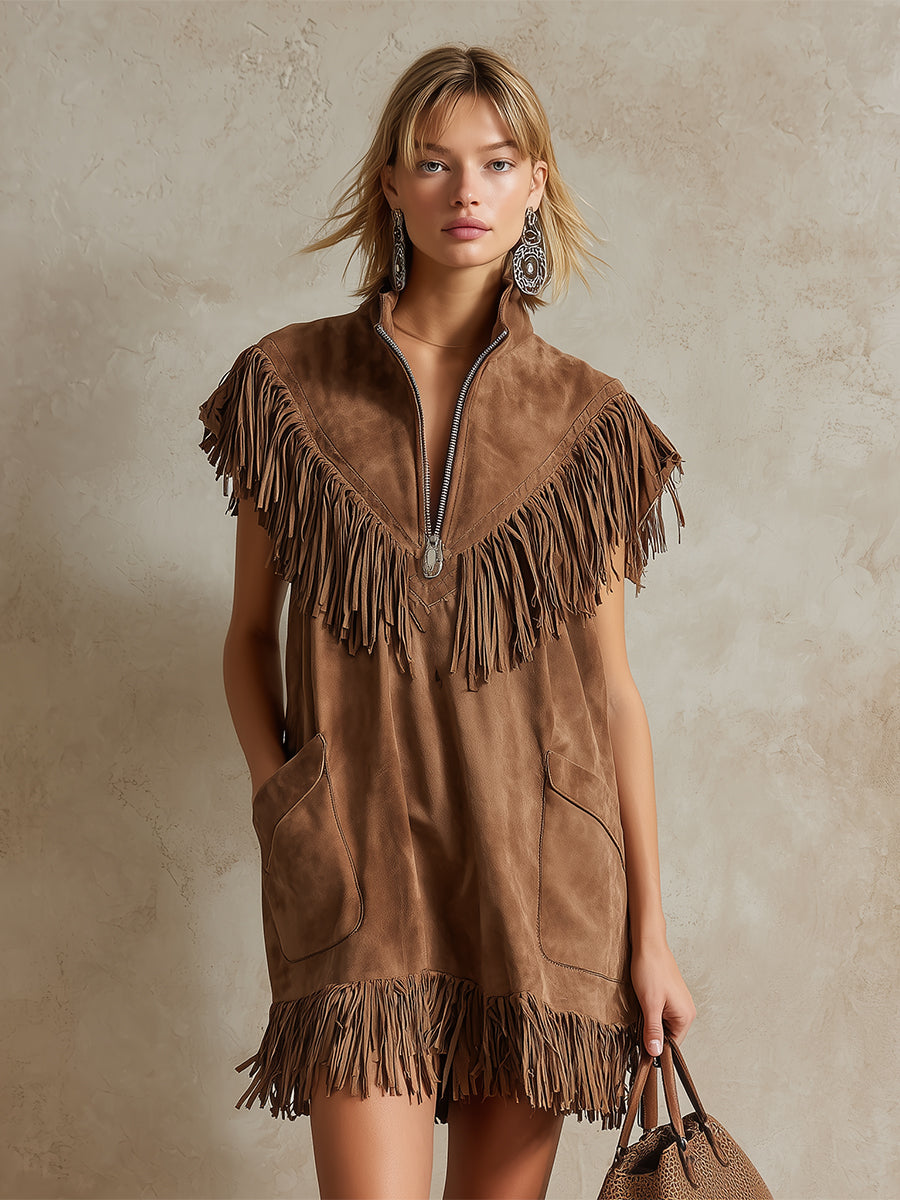 Stylish Western-style Light Brown Faux Suede Fringed Sleeveless Mini Dress