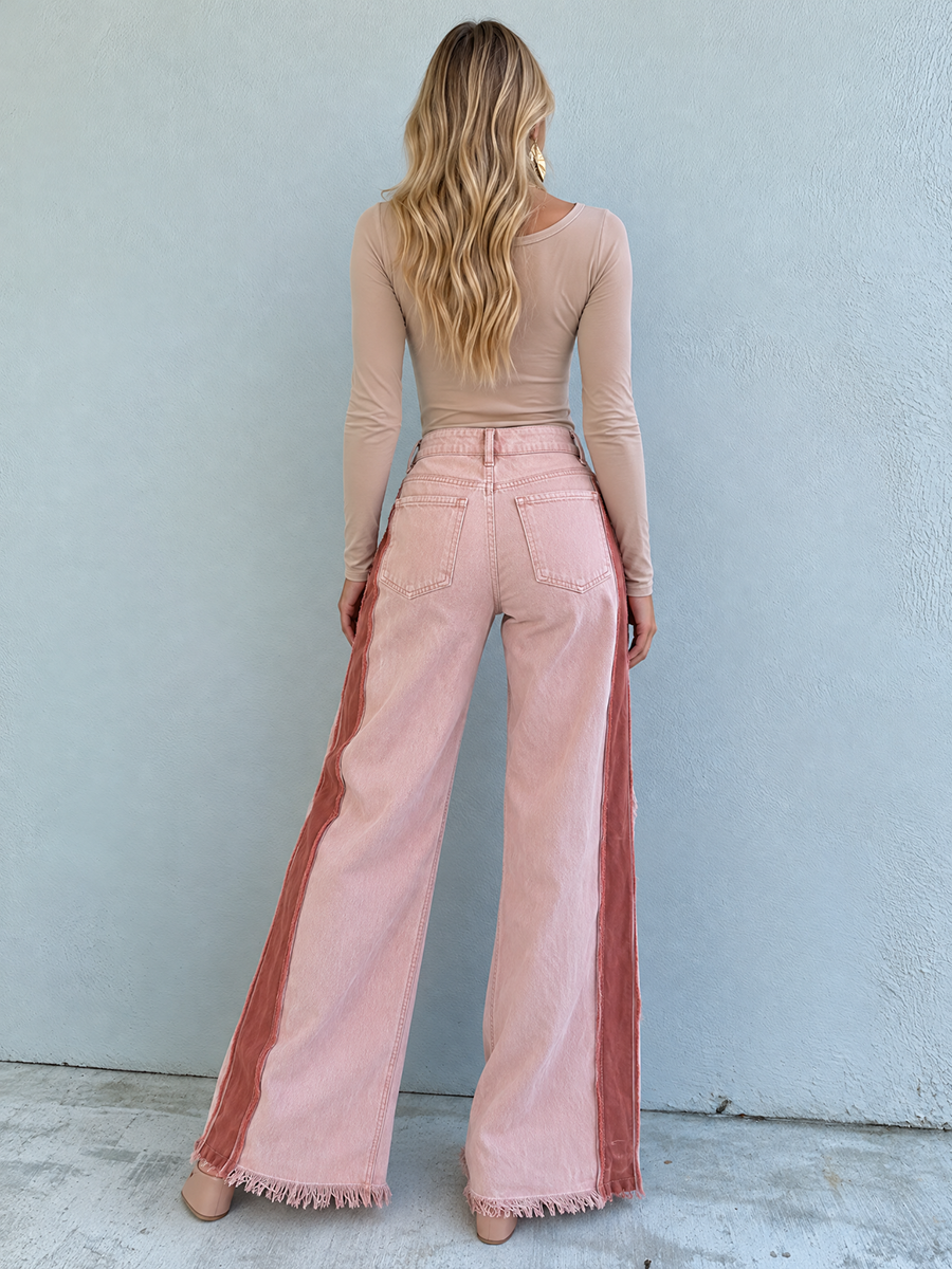 Vintage Military Pink High Waist Button Fly Fringe Hem Wide Leg Jeans