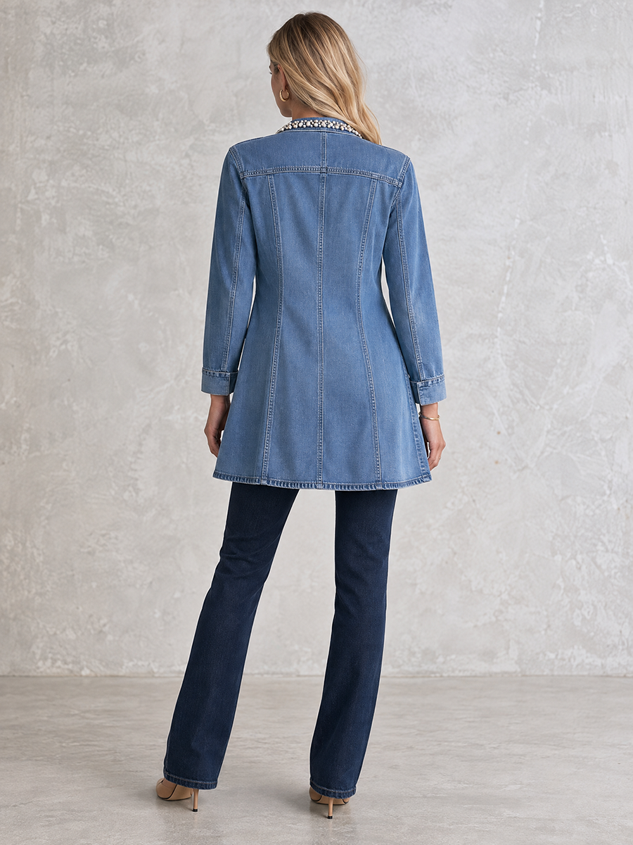 Elegant Chic Pearl Trim Open Front Longline Denim Duster Jacket