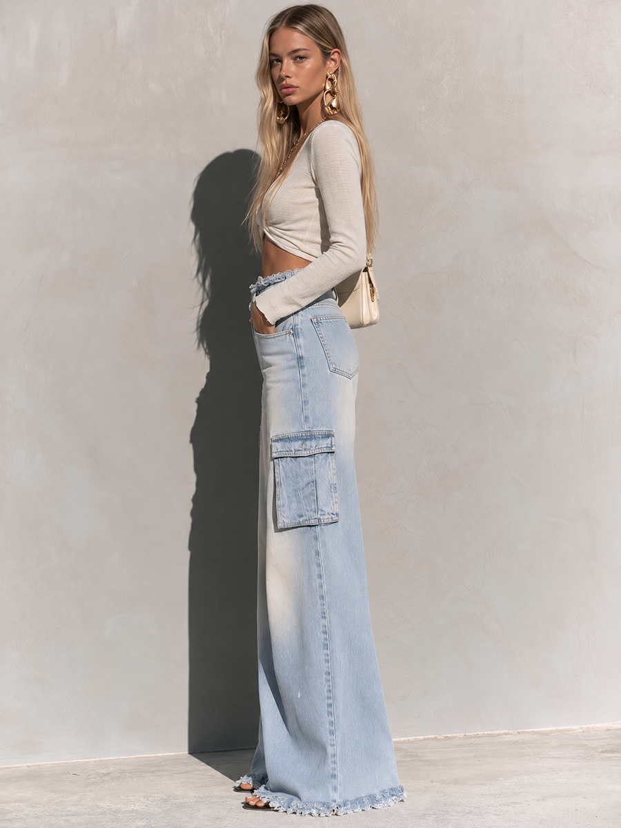 Relaxed Vintage Light Wash Frayed Waist Cargo Wide Leg Jeans