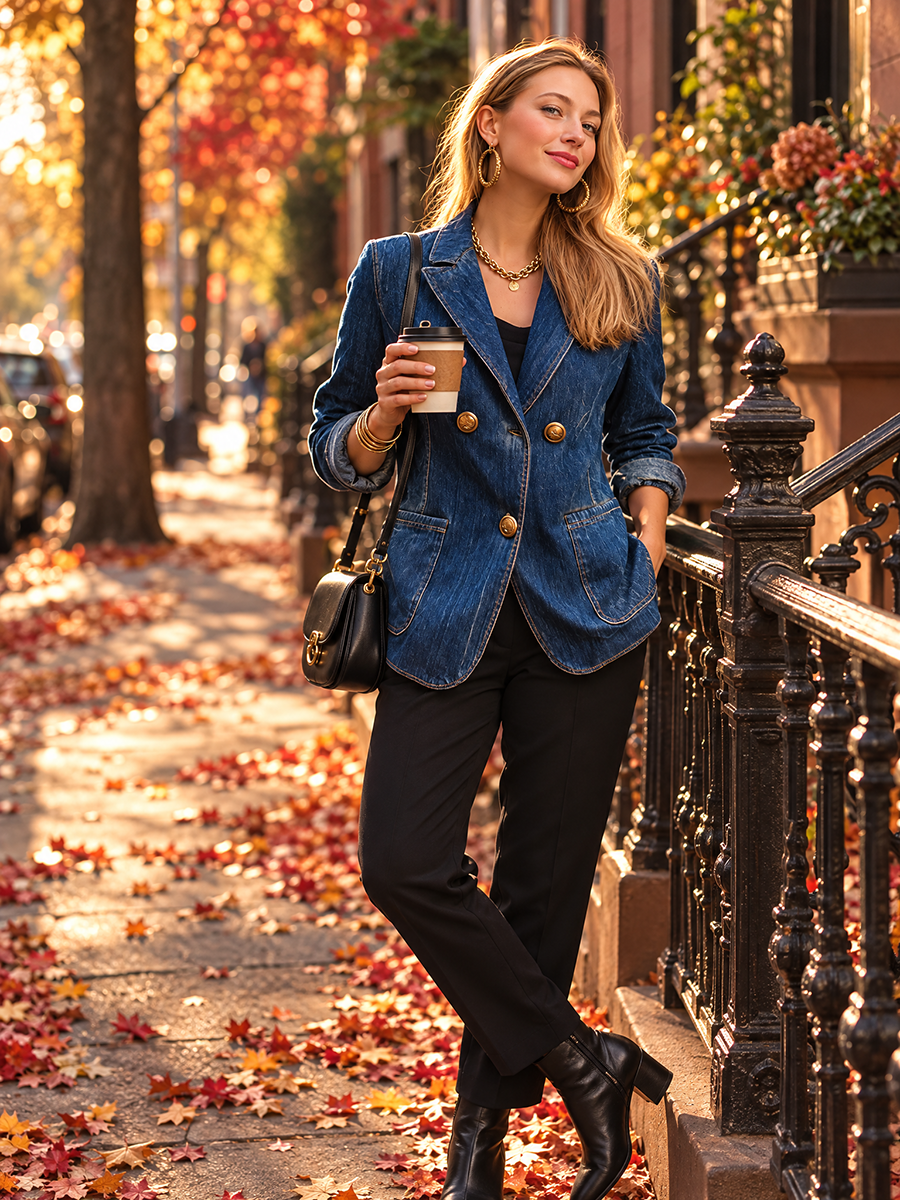 Vintage Chic Dark Wash Gold Button Tailored Denim Blazer