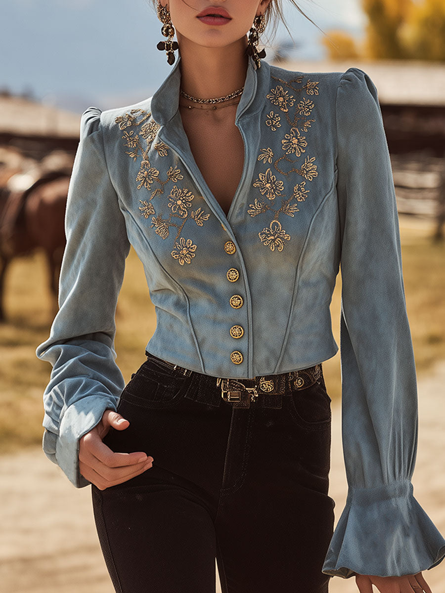 Western-style Vintage Embroidered Blue Button-up Faux Suede Jacket