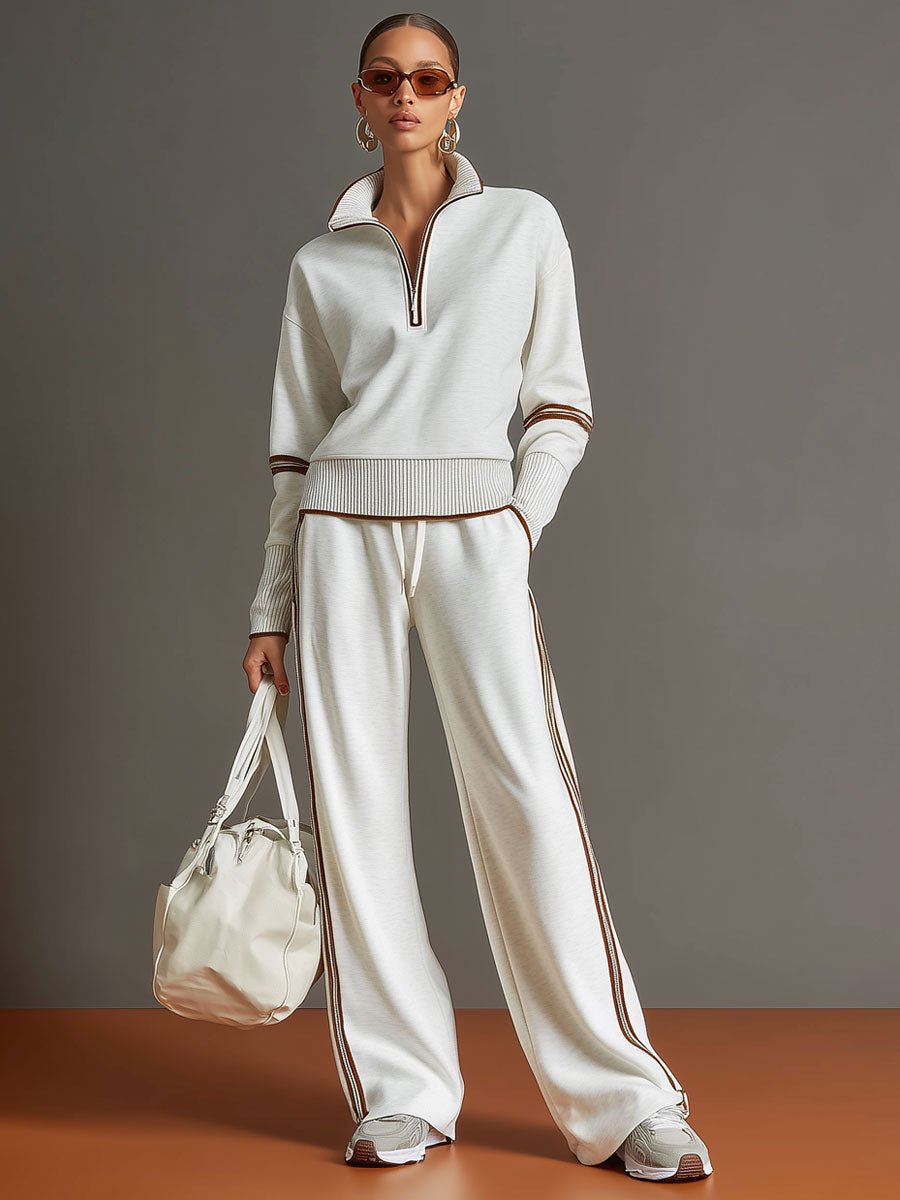 Retro Sporty Webbing Grey-white Half-zip Sweatshirt And Wide-leg Pants Set