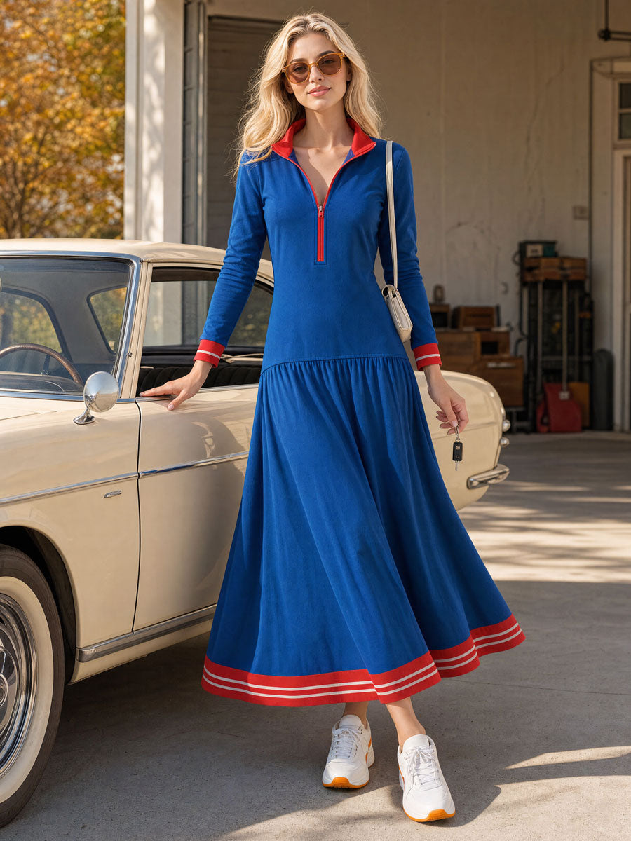 Casual Retro Color-blocked Trim Blue Collar Low-waisted Cotton Midi Dress