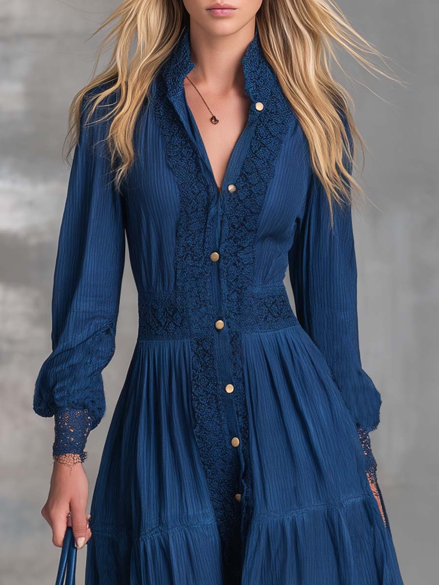 Elegant Vintage Western Front-button Lapel Lace-trimmed Dark Blue Cotton Maxi Dress