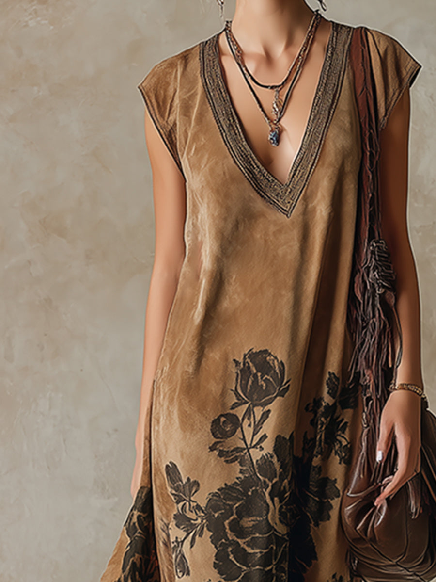 Retro-style Printed Khaki Faux Suede Fringes Sleeveless Maxi Dress