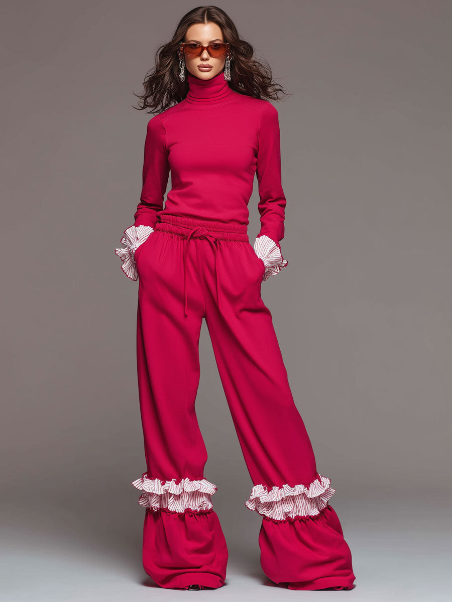 Fashionable Sporty Striped Ruffled Red Turtleneck Top And Wide-leg Pants Set