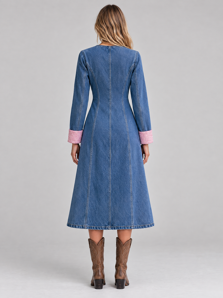 Elegant Vintage Tweed Trim Gold Button Front Denim Midi Dress