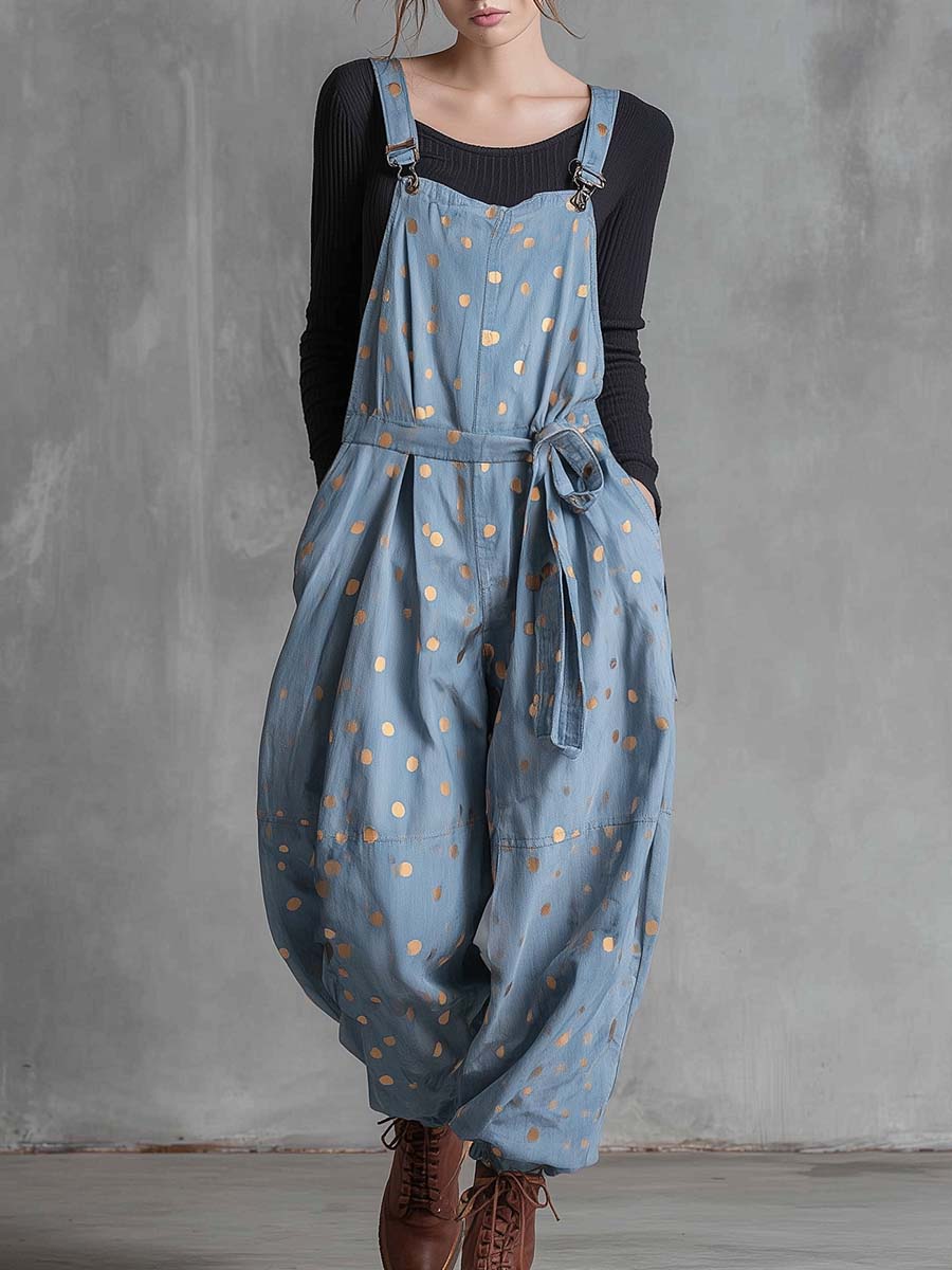 Vintage Fashion Waist Tie Gold Polka Dots Light Blue Denim Jumpsuit Overalls