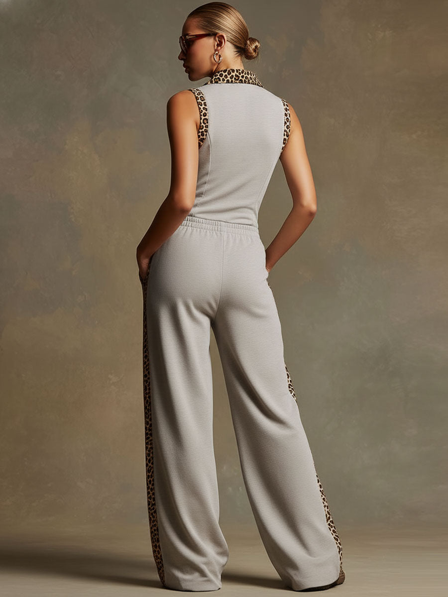 Sporty Retro Leopard Print Trim Gray Sleeveless Wide-leg Jumpsuit