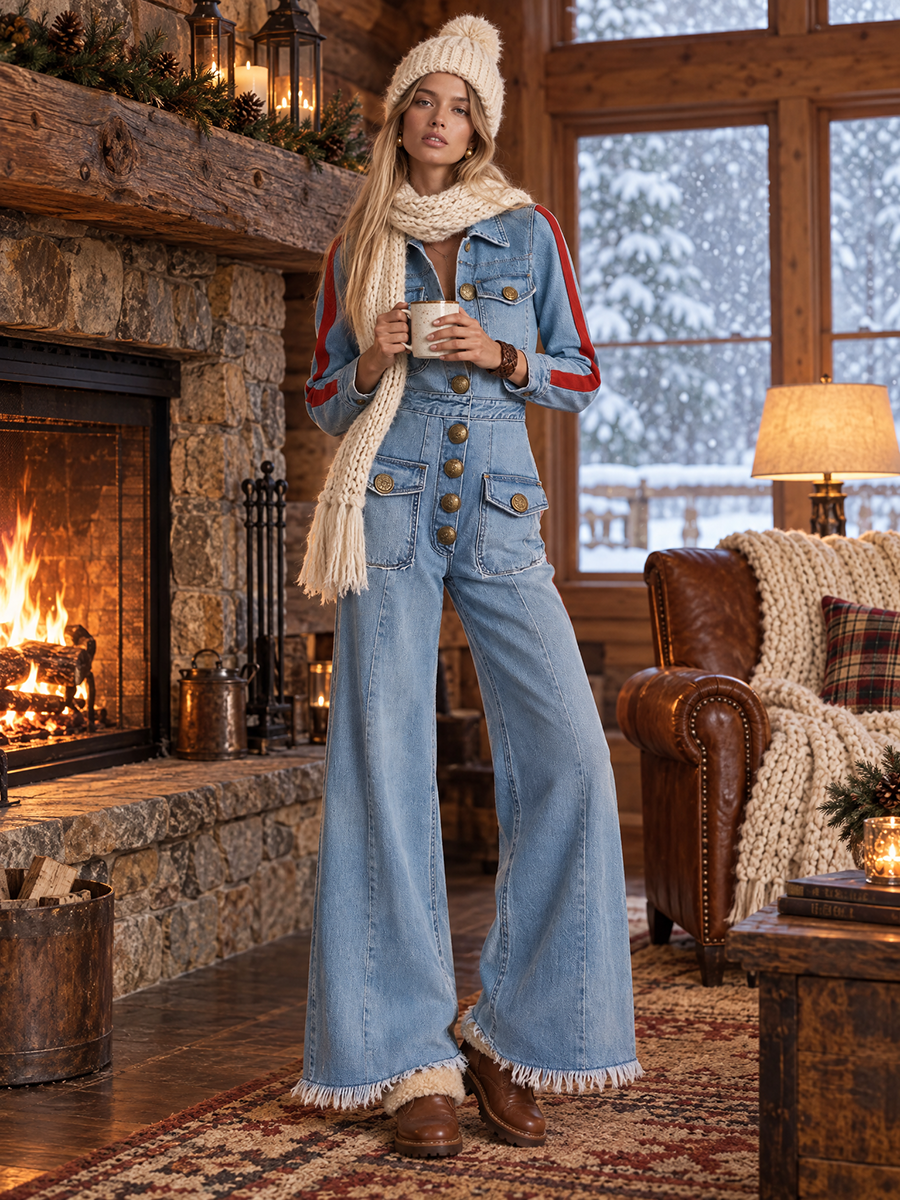 Retro Western Red Stripe Sleeve Button Front Wide Leg Denim Jumpsuit