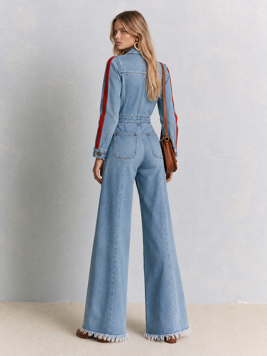 Retro Western Red Stripe Sleeve Button Front Wide Leg Denim Jumpsuit