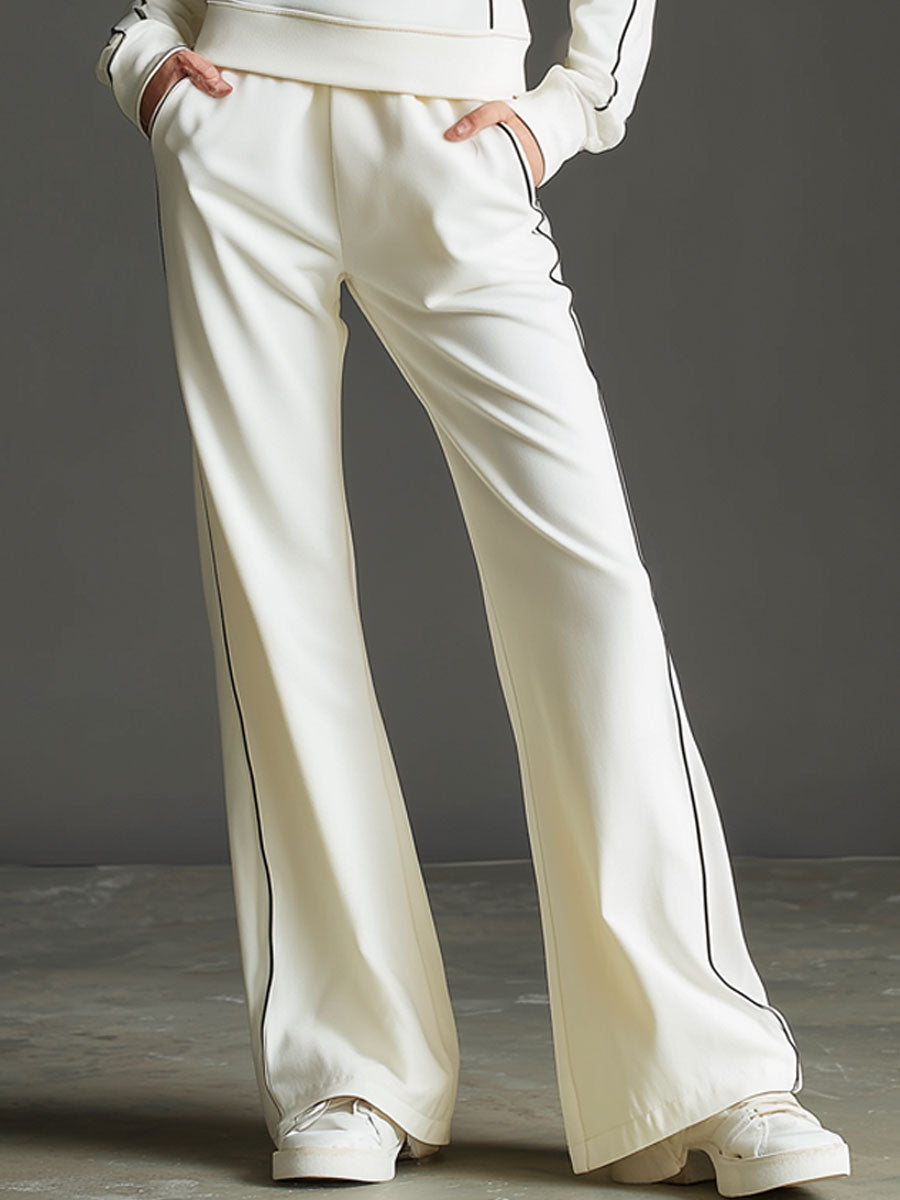 Sporty Retro Black Trim Off-White Long-Sleeve Half-Zip Sweatshirt And Wide-Leg Pants Set