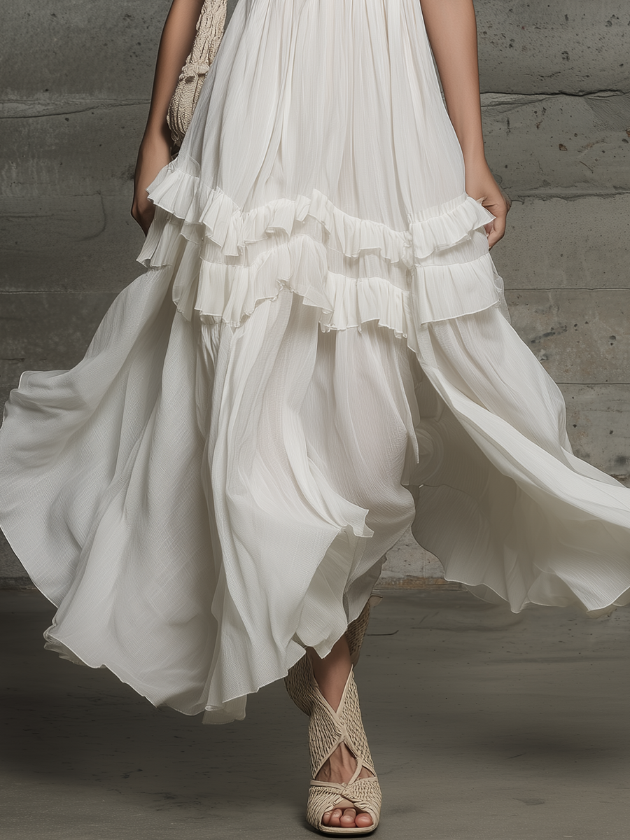 Elegant Vacation Stand-collar Sleeveless Ruffled Chiffon Midi Dress