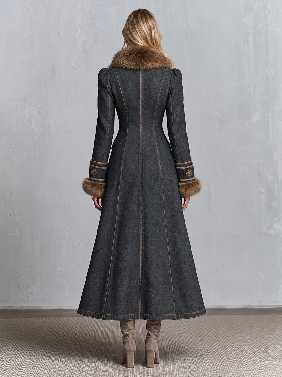 Elegant Faux Fur Trim Charcoal Fit And Flare Zip Front Denim Maxi Coat